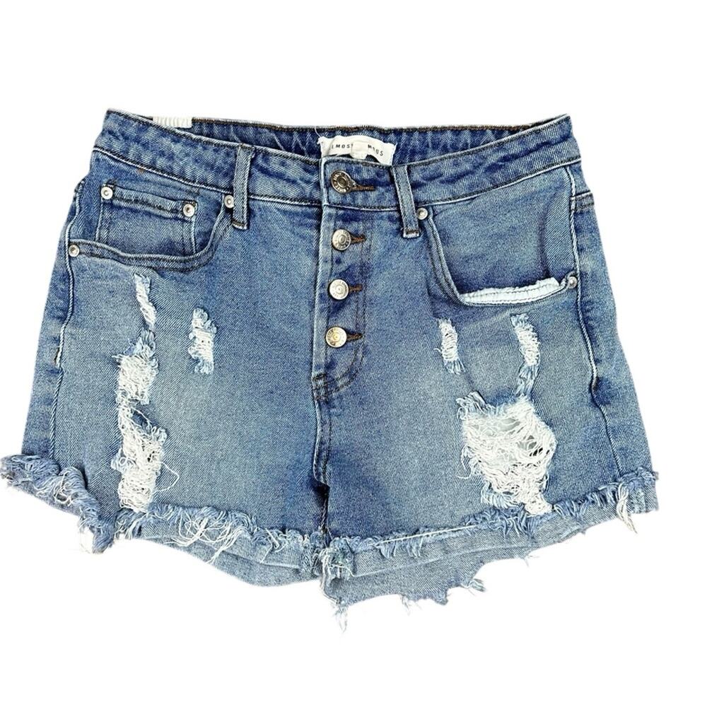 Almost Famous High Rise Distressed Denim Jean Shorts Button Fly Sz 5 Waist 28